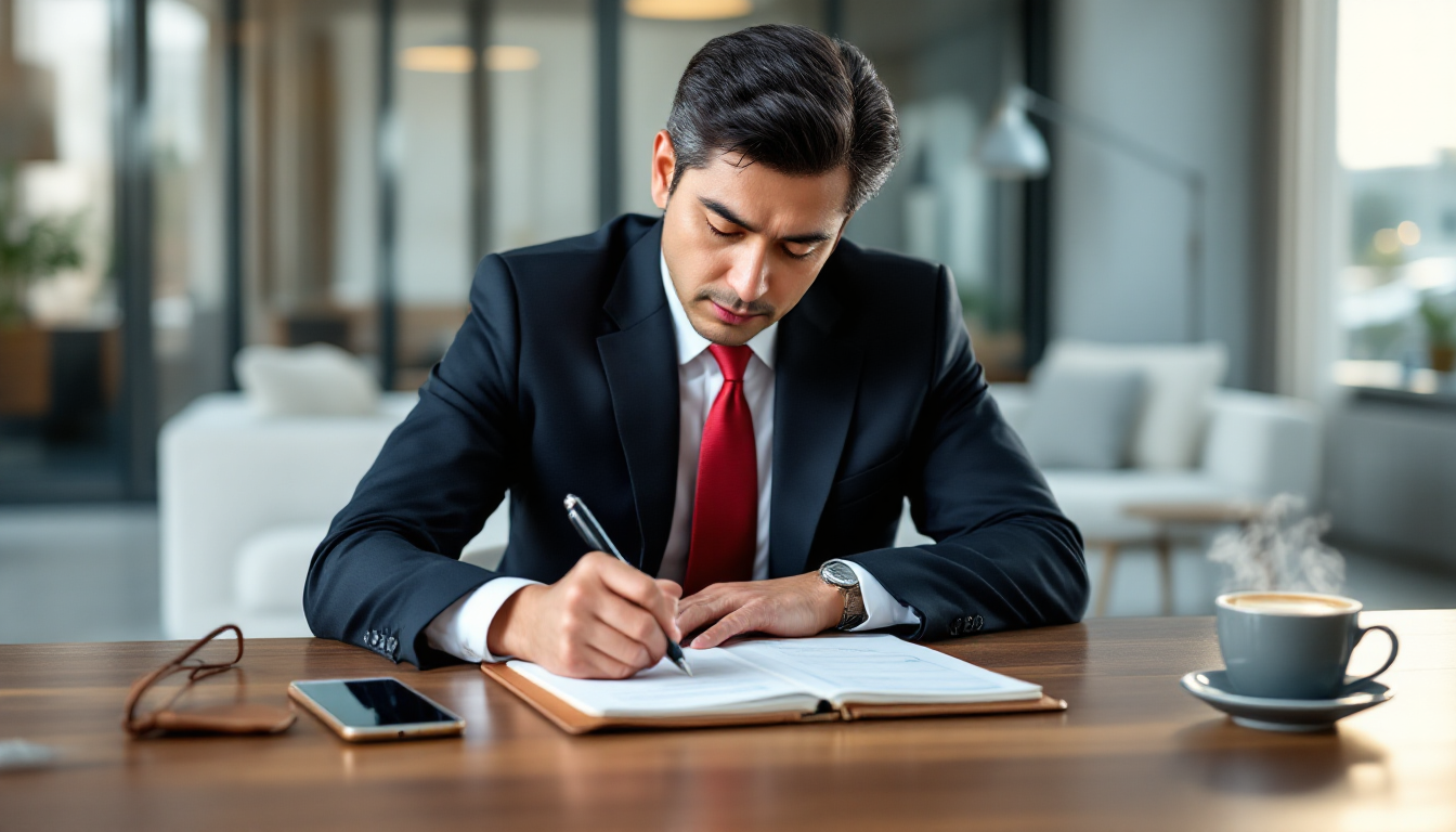 투자 계획을 세우며 목표를 적고 있는 직장인
