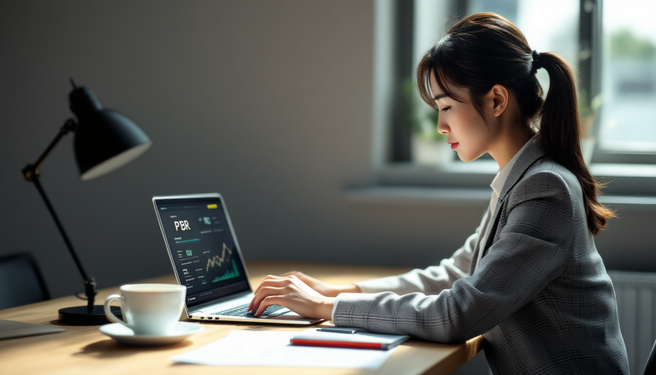 PBR과 ROE 지표를 분석하는 여성 투자자