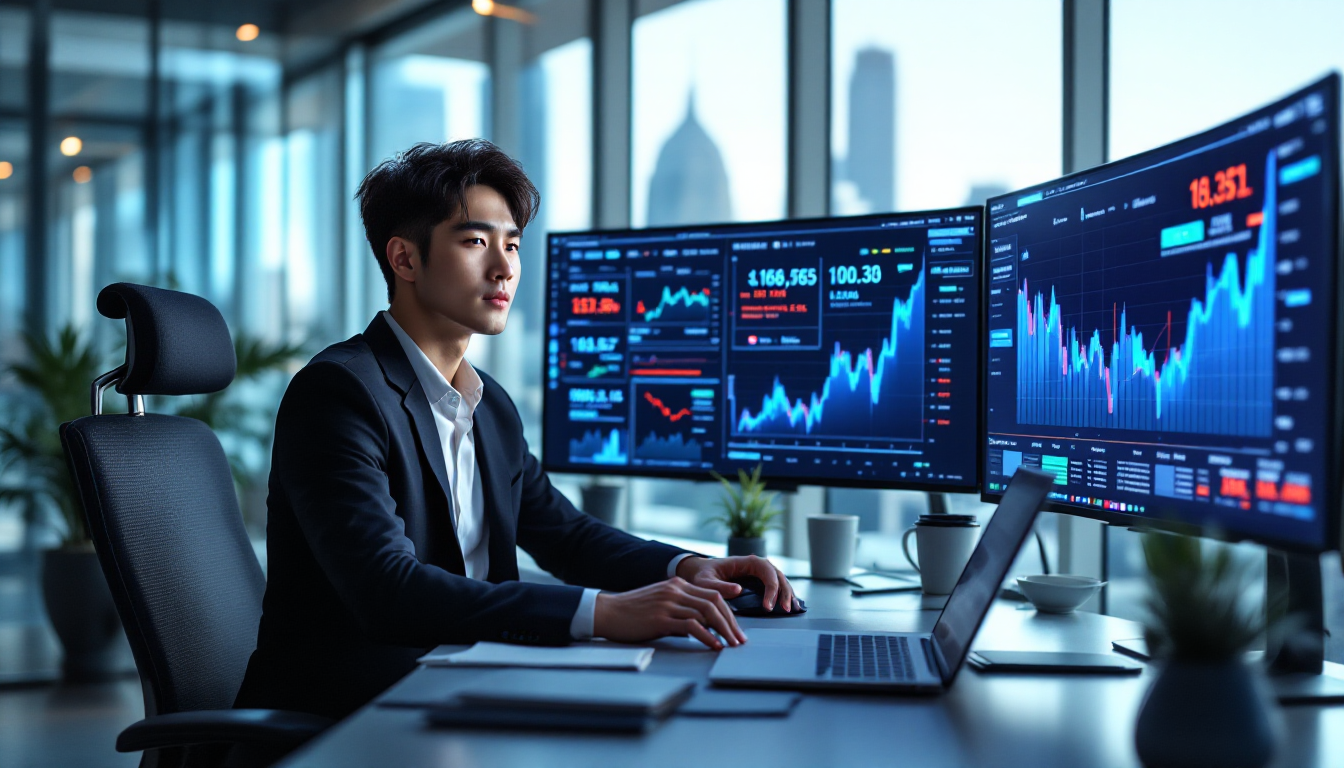 기술주와 성장주를 모니터링하는 젊은 한국인 투자자